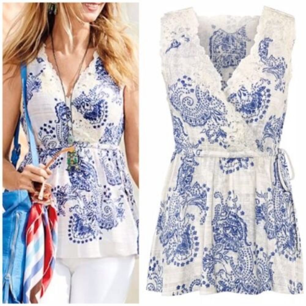 Cabi White & Blue Wrap Top 5223